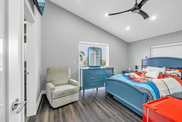 bedroom featuring vaulted ceiling, dark hardwood / wood-style floors, and ceiling fan