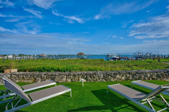 view of community with a water view and a yard