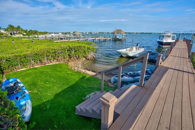 view of dock featuring a yard and a water view