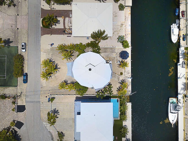 drone / aerial view featuring a water view