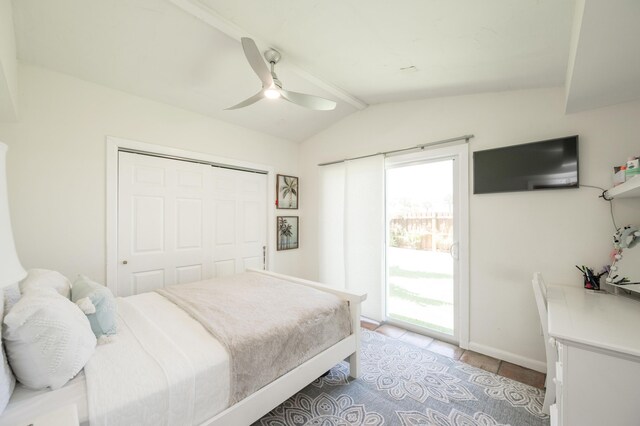 1205 11th St, Key West, FL 33040 - bedroom with access to exterior, lofted ceiling, a ceiling fan, a closet, and light tile patterned floors