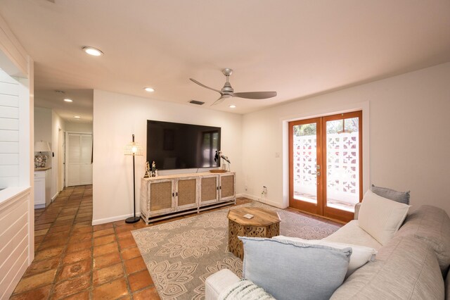 1205 11th St, Key West, FL 33040 - living room featuring visible vents, baseboards, a ceiling fan, recessed lighting, and french doors