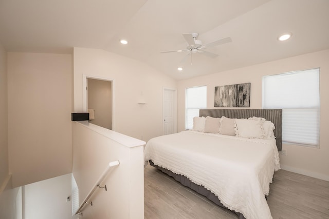 1205 11th St, Key West, FL 33040 - bedroom featuring recessed lighting, light wood-style floors, lofted ceiling, and a ceiling fan