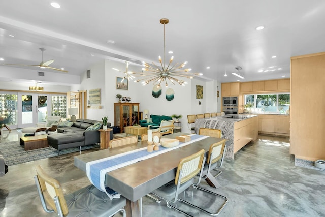 dining area featuring finished concrete flooring, visible vents, ceiling fan, french doors, and recessed lighting