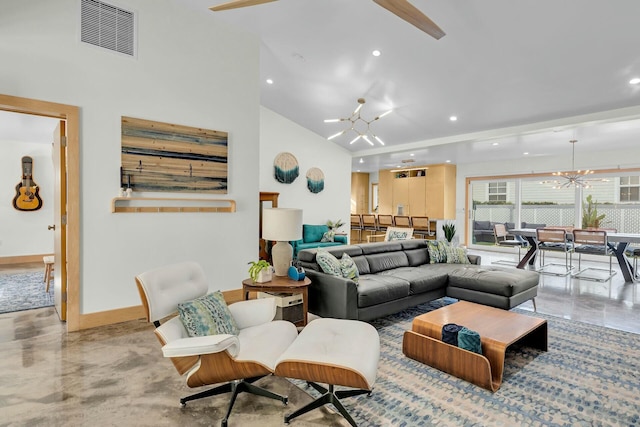 living room featuring a notable chandelier, recessed lighting, visible vents, high vaulted ceiling, and baseboards