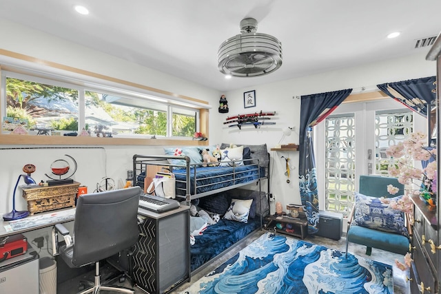 bedroom with recessed lighting, french doors, and visible vents