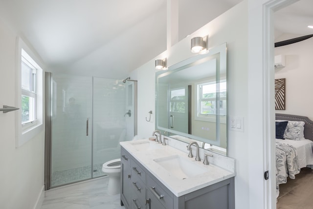 bathroom with walk in shower, a healthy amount of sunlight, toilet, and vaulted ceiling