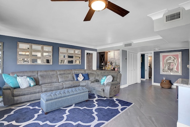 tiled living room featuring ceiling fan