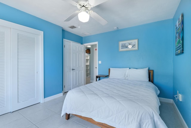 bedroom featuring visible vents, ceiling fan, baseboards, and tile patterned floors