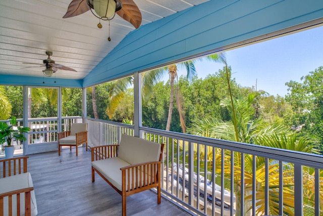 29012 Bigonia Dr, Big Pine, FL 33043 - sunroom / solarium with a ceiling fan, lofted ceiling, and view of wooded area