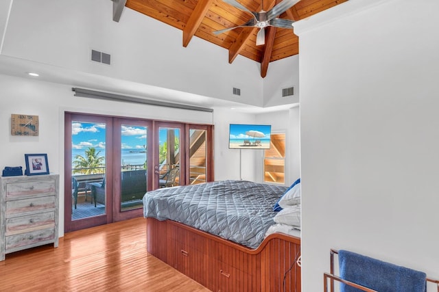 bedroom featuring beamed ceiling, access to outside, wooden ceiling, and light hardwood / wood-style flooring