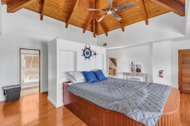 bedroom featuring beam ceiling, wooden ceiling, and light wood-type flooring