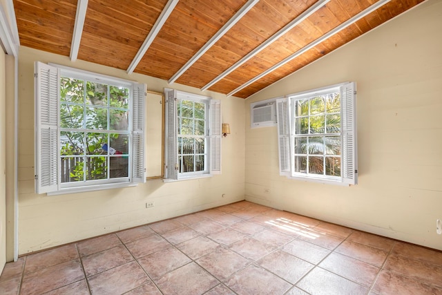 unfurnished room with an AC wall unit, vaulted ceiling with beams, and wood ceiling