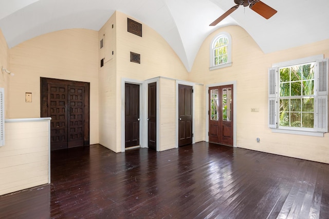 entryway featuring high vaulted ceiling, dark hardwood / wood-style floors, and ceiling fan