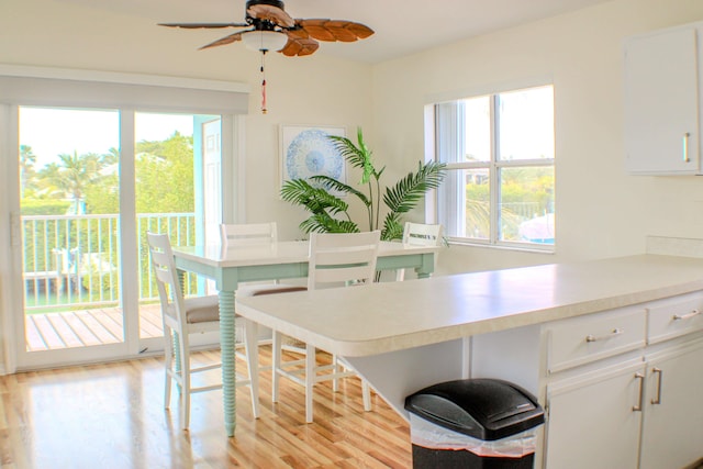 dining area with light hardwood / wood-style floors and ceiling fan