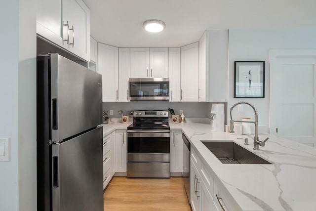 kitchen featuring a sink, white cabinets, appliances with stainless steel finishes, light stone countertops, and light wood finished floors