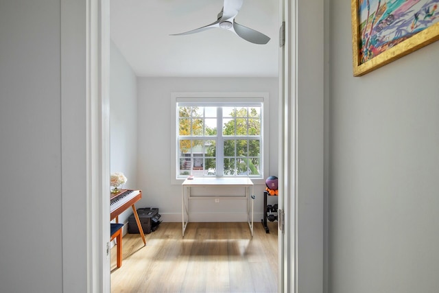 interior space with a ceiling fan and wood finished floors