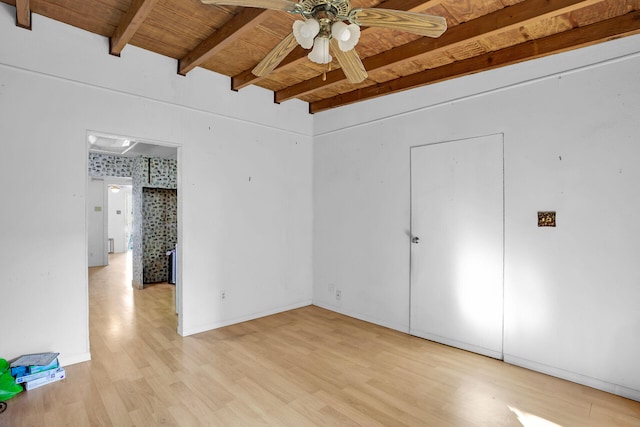 unfurnished bedroom featuring baseboards, beam ceiling, wood ceiling, and light wood-style flooring