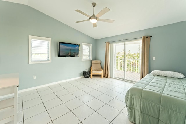 tiled bedroom with ceiling fan, lofted ceiling, and access to outside