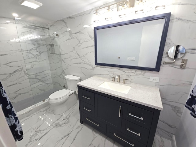 full bath featuring stone wall, toilet, vanity, marble finish floor, and a marble finish shower