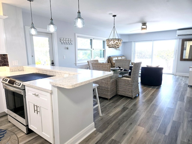 kitchen featuring stainless steel electric range oven, an AC wall unit, a healthy amount of sunlight, open floor plan, and wood finished floors