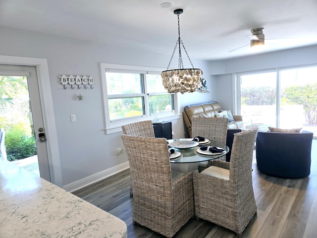 dining area featuring wood finished floors, a wealth of natural light, and baseboards