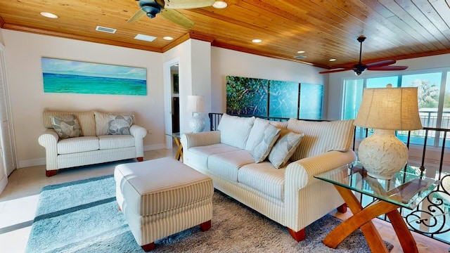 tiled living room with ceiling fan, ornamental molding, and wooden ceiling