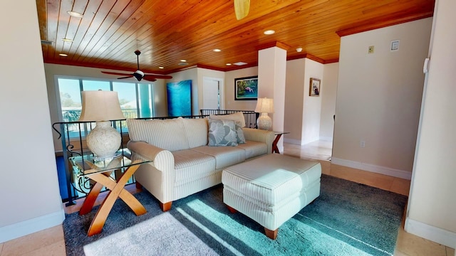 tiled living room with crown molding and wood ceiling