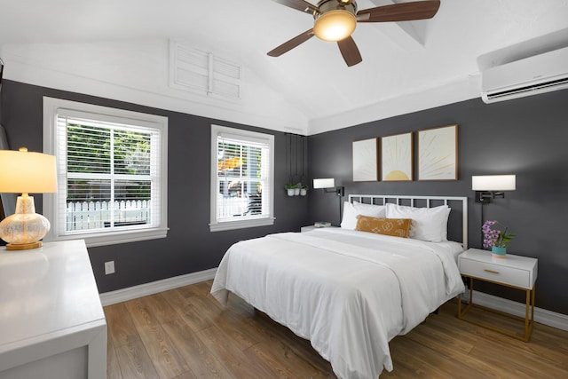 321 Julia St, Key West, FL 33040 - bedroom with a wall mounted air conditioner, lofted ceiling, wood finished floors, and a ceiling fan