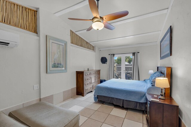 bedroom featuring ceiling fan, lofted ceiling, light tile patterned floors, and a wall unit AC