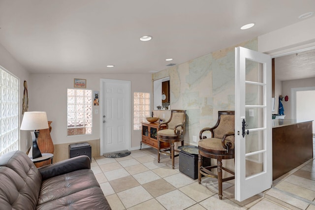 tiled living room with french doors