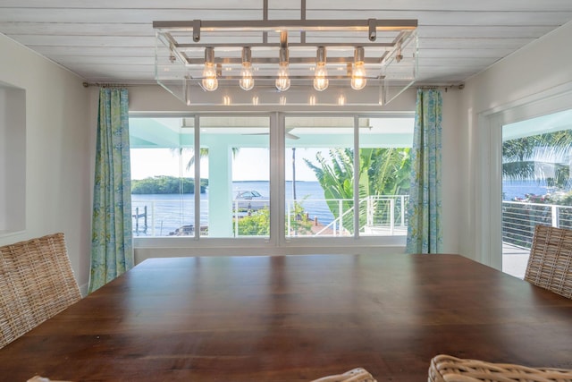 unfurnished dining area featuring a water view