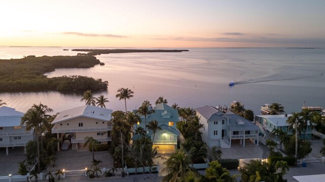 aerial view at dusk with a water view