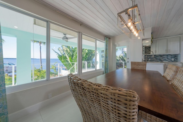 dining space featuring wooden ceiling and a water view