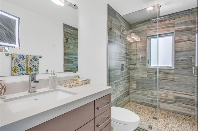 bathroom featuring toilet, a shower stall, and vanity