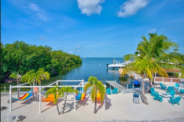 exterior space with a water view