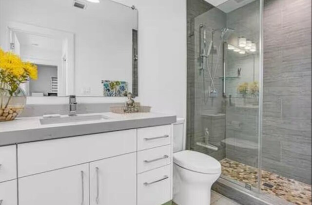 full bath with visible vents, a shower stall, toilet, and vanity