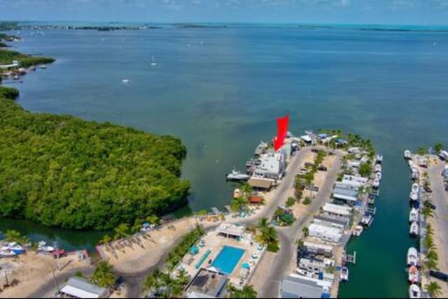 birds eye view of property featuring a water view