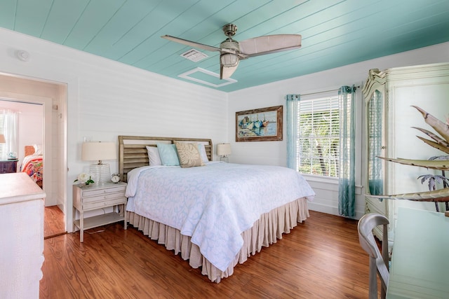 bedroom with a ceiling fan, wooden ceiling, visible vents, and wood finished floors