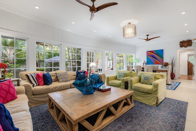 living room with ceiling fan, crown molding, and recessed lighting