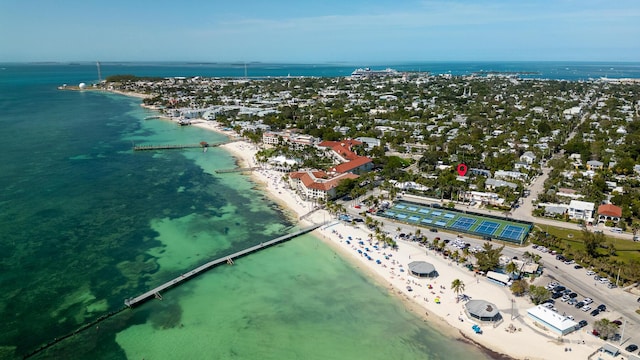 drone / aerial view with a water view and a beach view