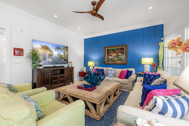 living area featuring ornamental molding, a ceiling fan, and recessed lighting