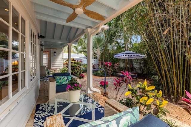 view of patio / terrace featuring covered porch and a ceiling fan