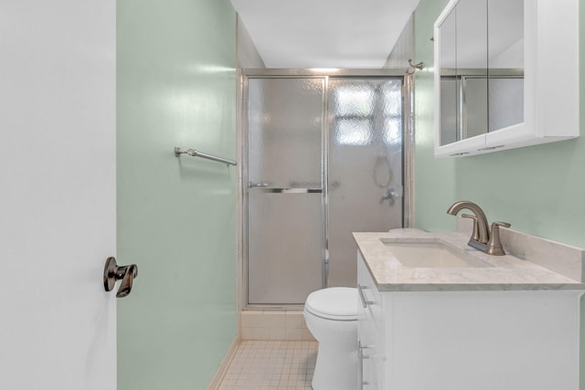 bathroom featuring tile patterned floors, toilet, an enclosed shower, and vanity