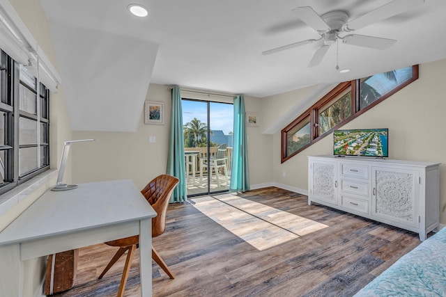 office area with hardwood / wood-style flooring and ceiling fan