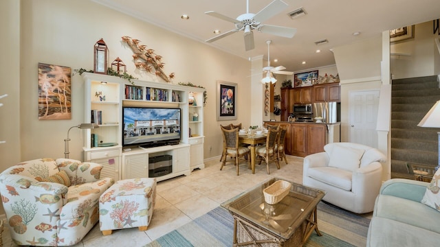 101 Front St Unit 8, Key West, FL 33040 - living room with ceiling fan, light tile patterned floors, ornamental molding, stairs, and recessed lighting