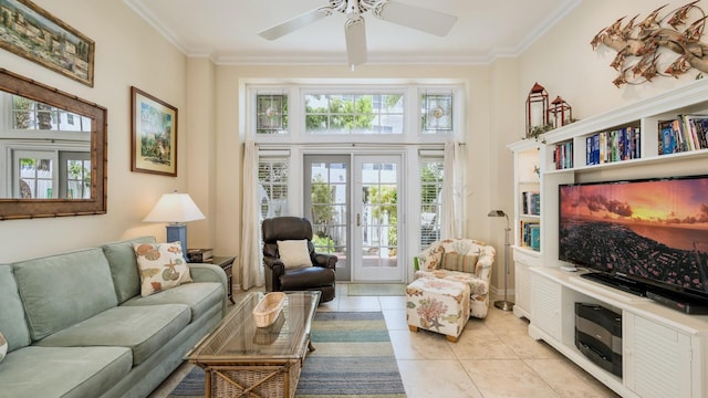 101 Front St Unit 8, Key West, FL 33040 - living room with healthy amount of natural light, ornamental molding, ceiling fan, and light tile patterned floors