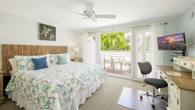 101 Front St Unit 8, Key West, FL 33040 - bedroom with access to outside, ornamental molding, light carpet, and ceiling fan