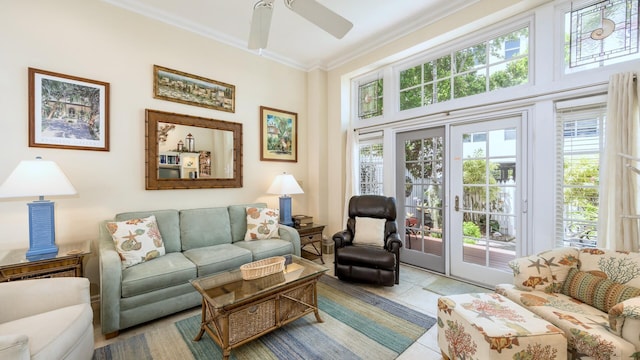 101 Front St Unit 8, Key West, FL 33040 - living room featuring crown molding and a ceiling fan