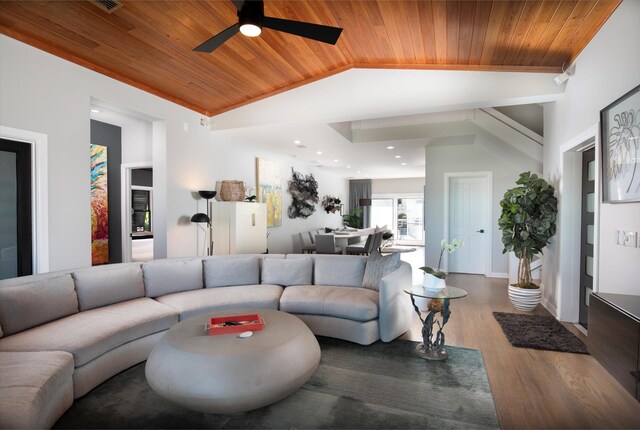 22 Floral Ave, Key Haven, FL 33040 - living room featuring lofted ceiling, wood-type flooring, wooden ceiling, and ceiling fan